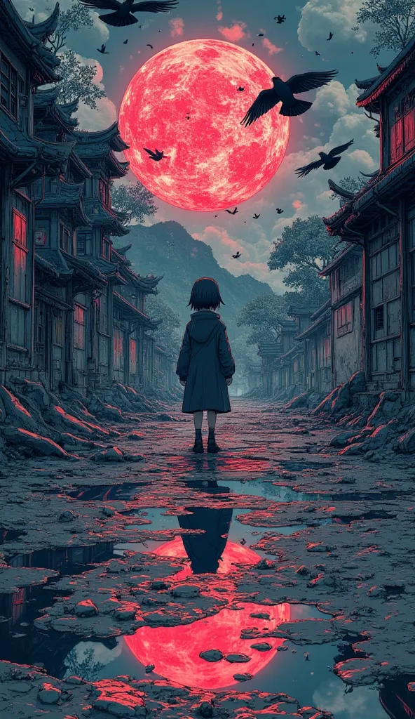 "A crimson red fan symbol of the Uchiha clan, glowing in the dark, surrounded by black crows flying in a moonlit sky. The Sharingan eye reflection subtly appears in puddles on the ground. Mist rises from a ruined temple, creating a mysterious atmosphere."
