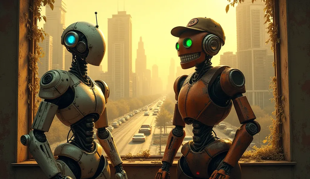 Robot 1 and Robot 2 stand near a shattered window of the abandoned McDonald's, looking out at a destroyed futuristic city. Skyscrapers are covered in vines, abandoned cars rust on the roads, and the sky has a yellowish-orange post-apocalyptic glow. The rob...