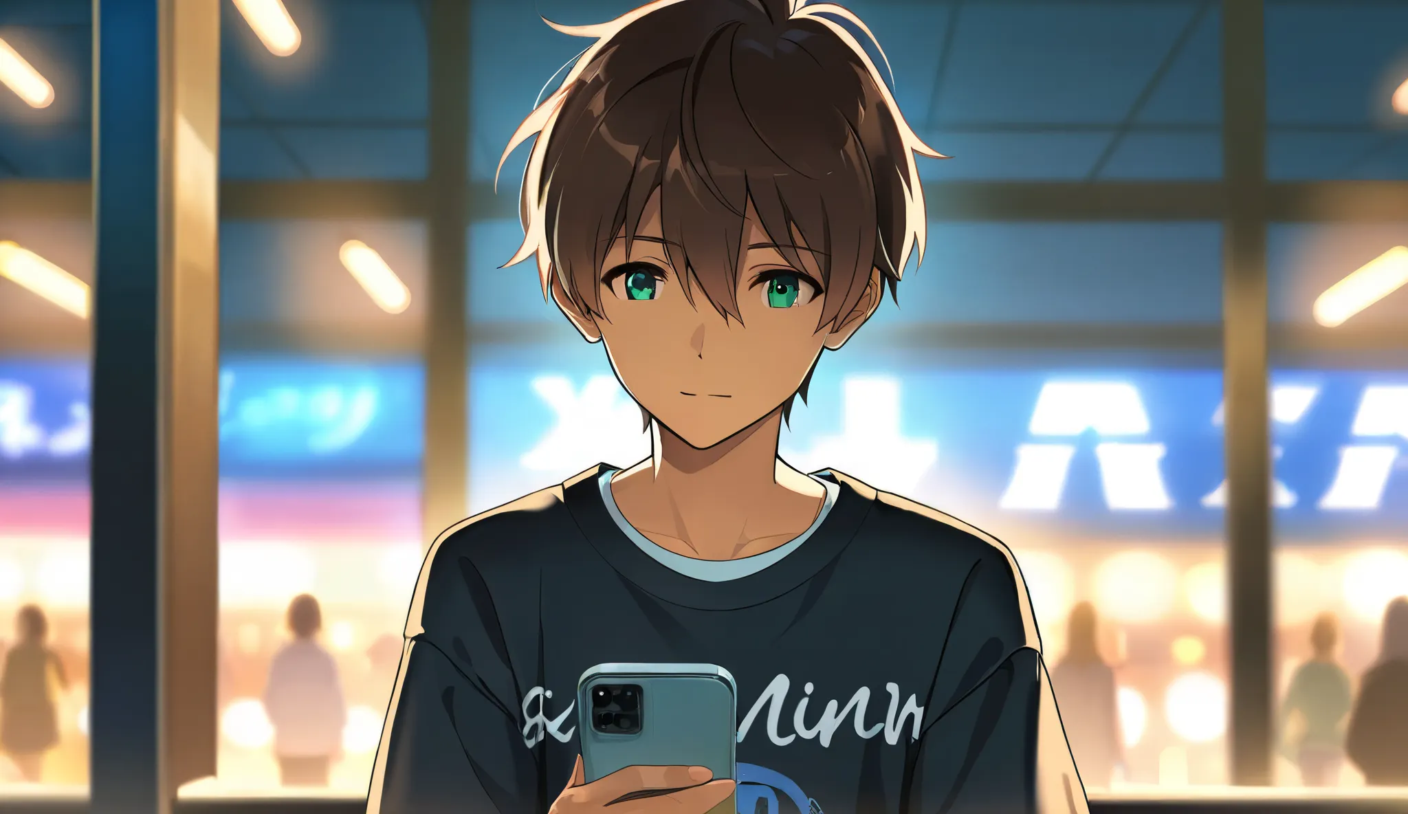 anime-style, detailed shading, cinematic lighting, Makoto Shinkai style, A young man engrossed in his smartphone, wearing casual urban clothes, oblivious to his surroundings