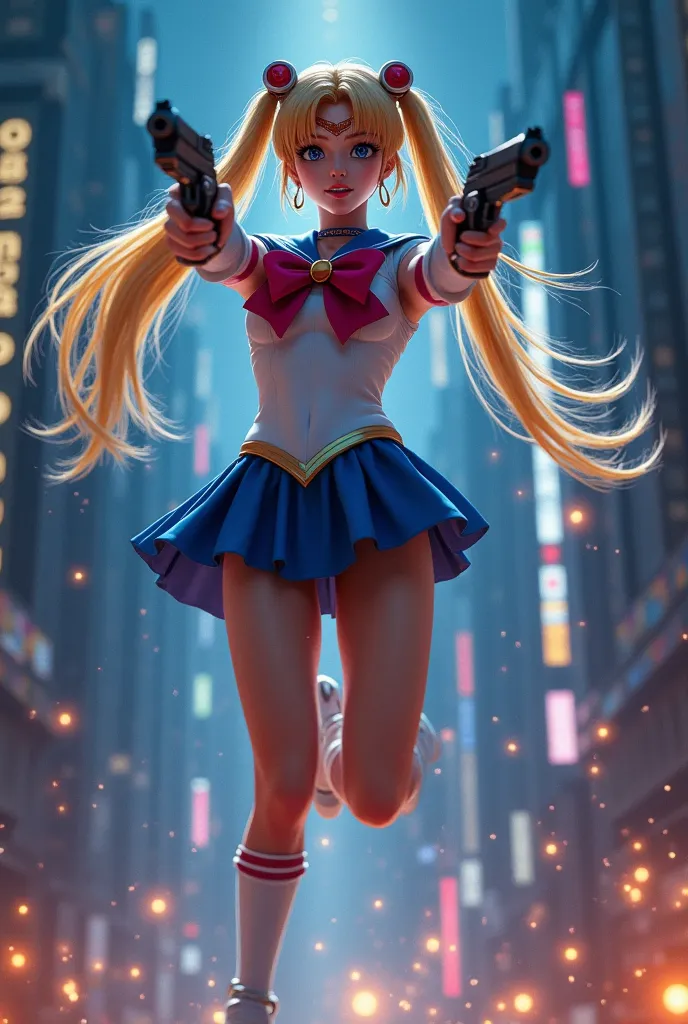 Sailormoon, Backflip Dodge, Slow Motion, Mid-Air Acrobatics, Suspended Bullets, Matrix-Style Action, Time Freeze Effect, Dramatic Cinematic Shot, Dynamic Motion, Gravity-Defying Pose, Intense Focus, Dual Pistols, Shockwave Ripples, Neon Highlights, Hyper-R...