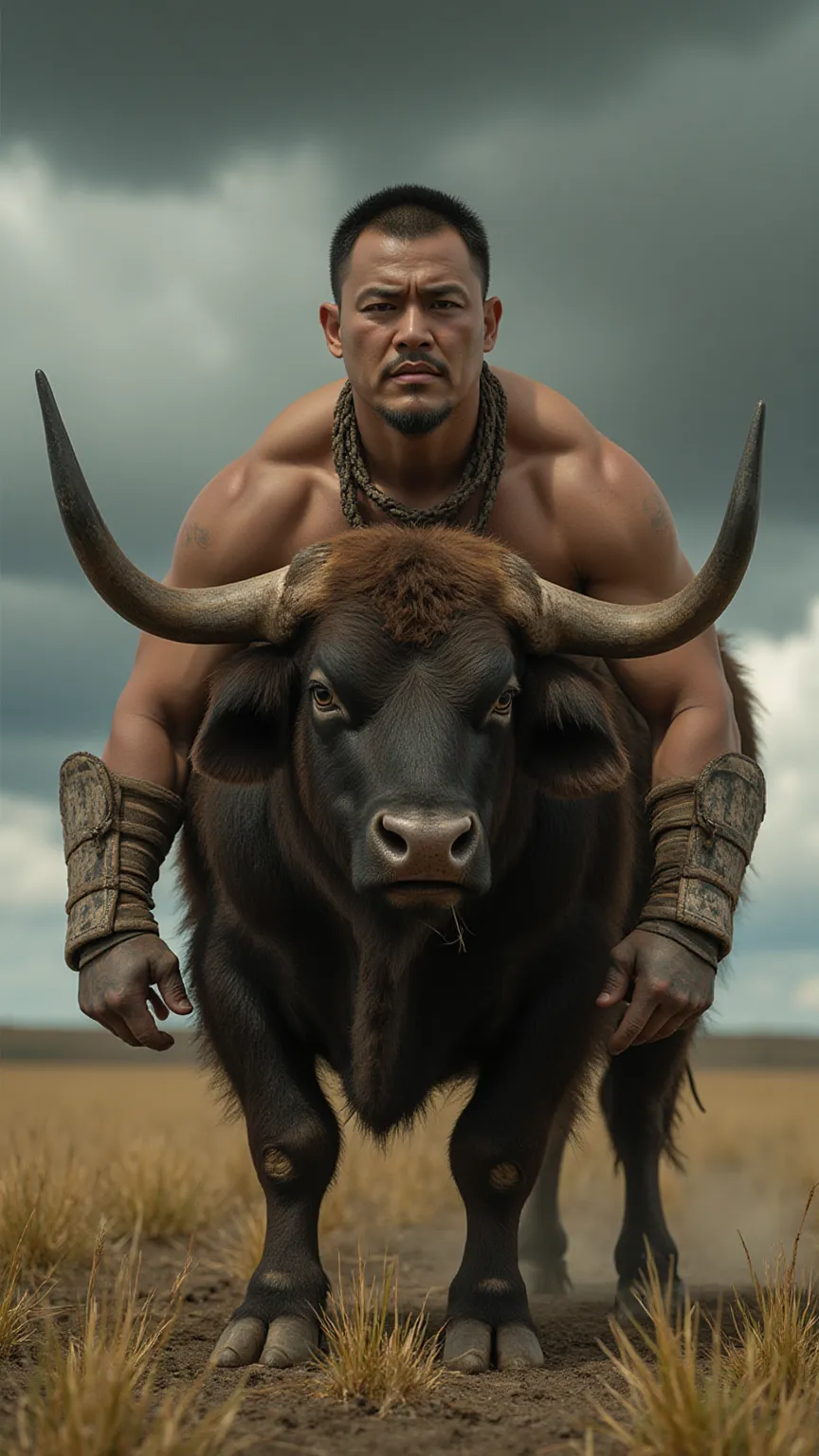 Create an ultra-detailed 8K image of a hyper-realistic fusion between a rugged warrior and a massive, muscular bull, standing firmly on an open battlefield beneath a vast, stormy sky. The fusion is biologically perfect, with every muscle, texture and expre...