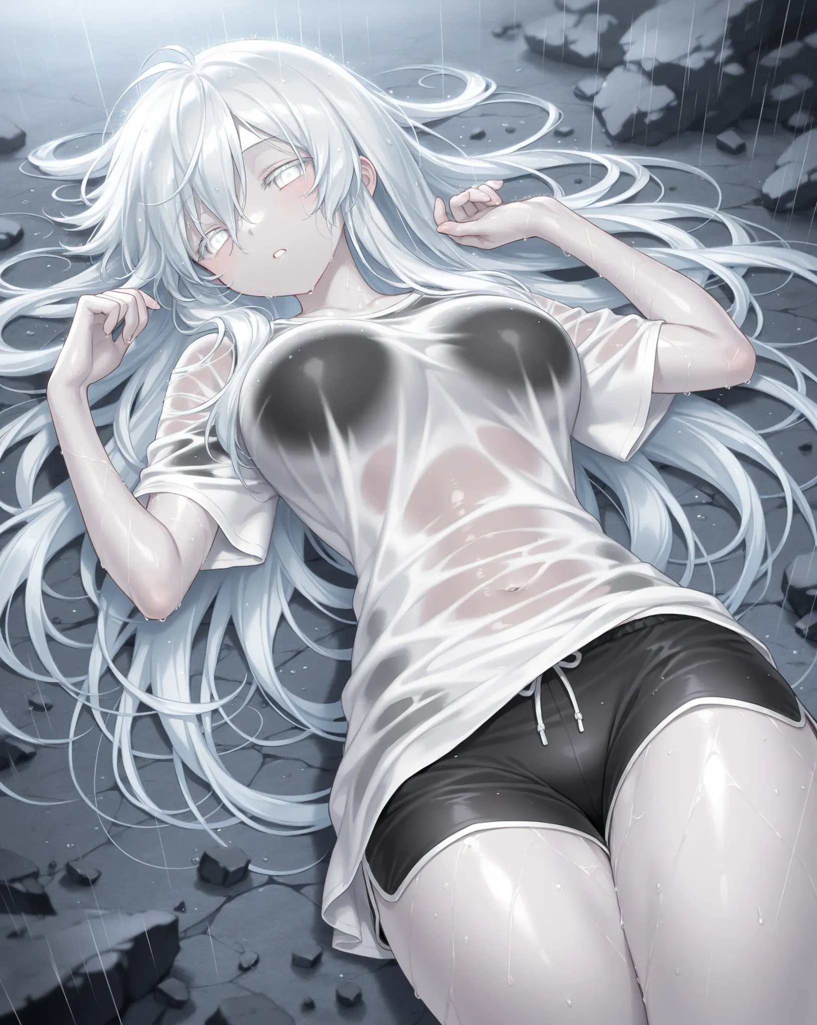 best image quality、high resolution、 pure white hair 、white eyes、big black t-shirt、beautiful breasts、 best thighs、navy blue Aura、 long hair、best image quality、floating rubble、Black Shorts、white skin、Straight face、Waking up、Bedhead、Heavy Rain、wet body、diagon...