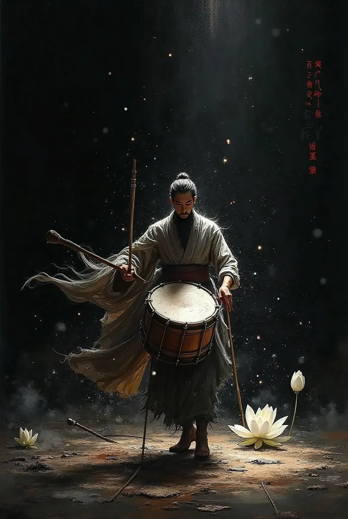 Black background and human figure playing with a drum in his hand made of brushstrokes, shadows of musical instruments and white lotus flowers