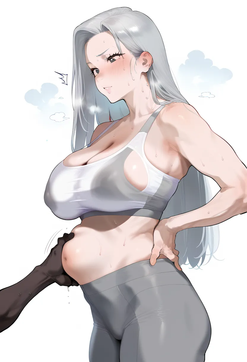 super realistic, Gray Hair, semi-long hair,、 grandmother, Mature Woman, mature woman, perfect face, perfect lighting, sexy lips, sexy woman, no emotion,  , huge breast, sweat,  stand upright 、、、grey sports bra、 gray leggings 、sweat、pregnancy、((A bulging st...