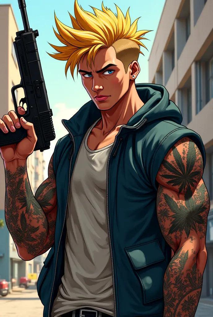  Man with blonde GTA anime style hair Ravi on the cord with tattoo and marijuana cap holding gun 