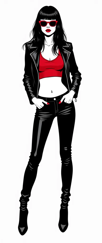 (vector illustration, vector style, simple details:1.4)), (black and white and red),(black inking, flat colours:1.5), (full lenght;1.4), psychobilly woman, long straight black hair, red lipstick, fool pose, (short black leather jacket, black leather jeans,...