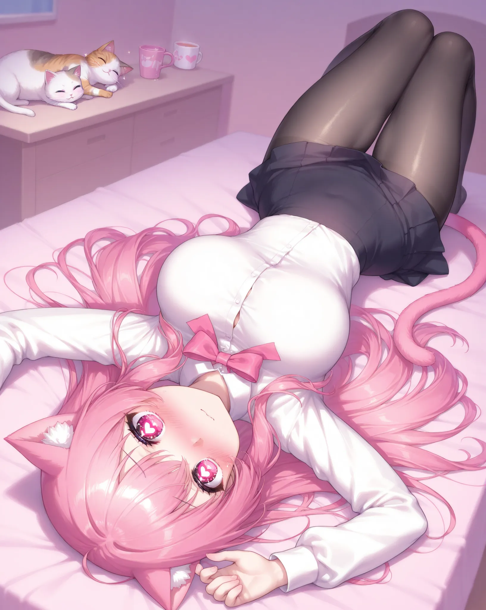 best image quality、highest resolution、best thighs、black tights、glittering pink hair、sparkling pink eyes、heart eyes、room、Beautiful breasts、E Cup、long hair、cat tail、being pushed down、blush、Skirt、shy