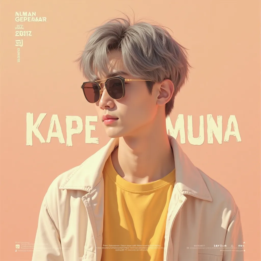 Make a poster photorealistic  for the song KAPE KA MUNA  and add the name of the kape ka muna and written by FRITZ write this also and write that music by  ZETSU make the poster like a KOREAN HANDSOME MAN FACING FRONT, SUNGLASSES , YELLOW shirt white jacke...