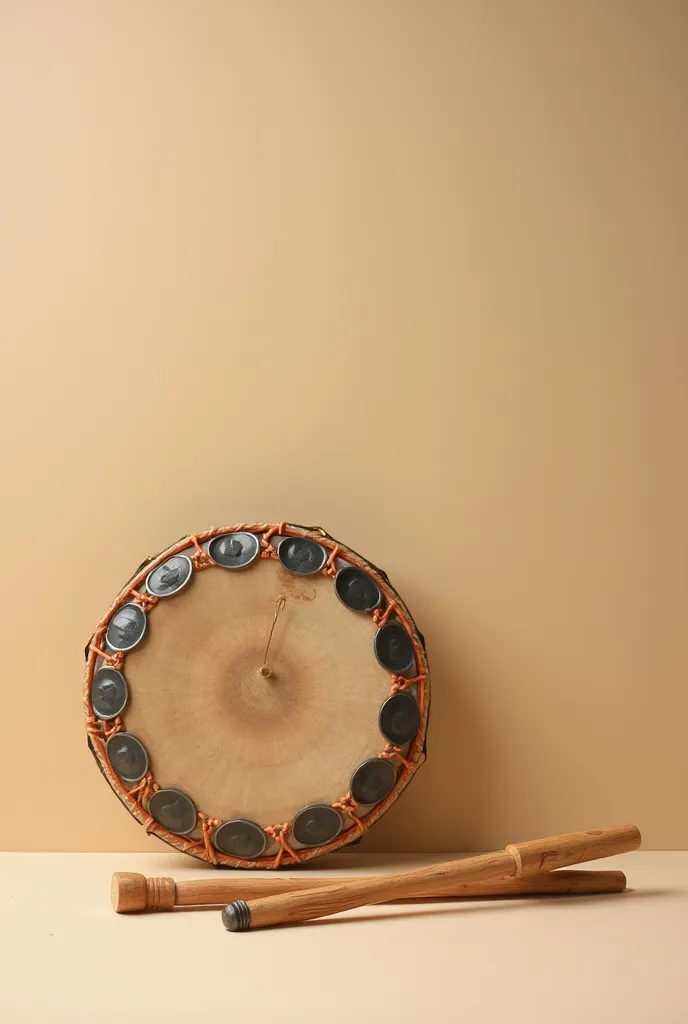 old lebanese drum with the drum sticks placed artistically on a beige background 