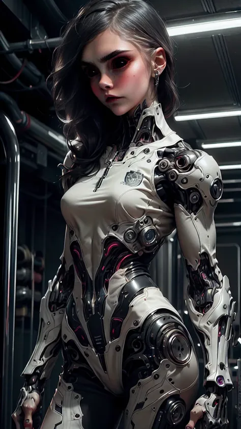 (1 girl), (cara delevingne), (muscular android girl wearing a black anatomic cybernetic muscle suit:1.25), (wide shoulders:1.25), (muscular defined physique:1.25), perfect hands, long hair, large breasts, high resolution image, extreme detail, blank backgr...