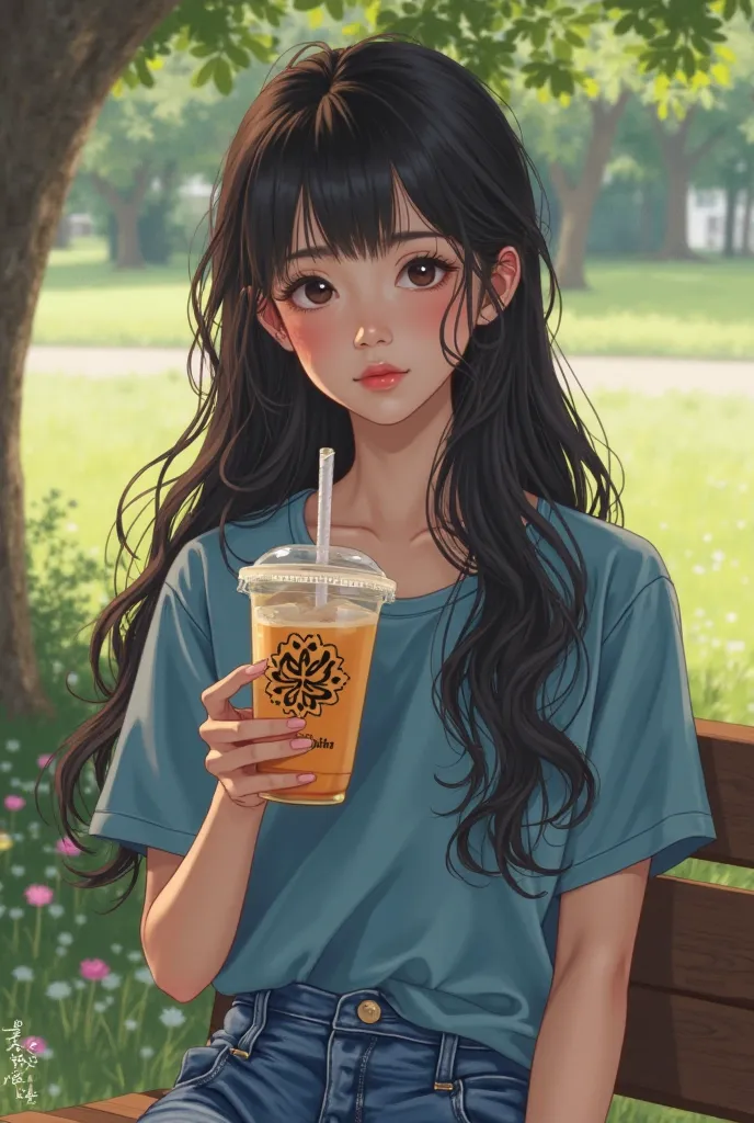  A beautiful girl with long wavy hair ，wearing a bohemian dress，realistic image，Sitting on a bench under a tree，dark hair，black eyes，wearing a blue t-shirt and jeans，Hold a transparent milk tea cup，The logo on the cup is a calligraphy that also burns fairy...