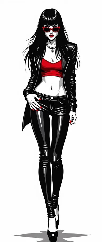 (vector illustration, vector style, simple details:1.4)), (black and white and red),(black inking, flat colours:1.5), (full lenght;1.4), psychobilly woman, long straight black hair, red lipstick, agressive pose, (short black leather jacket, black leather j...