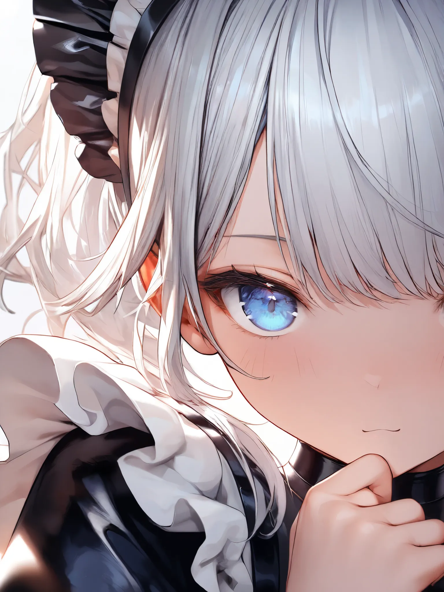 (French-maid:1.3), young cute girl, Midnight Palace, Silver hair with inner color, head band, (Ultra High Definition:1.1) , (High Resolution:1.1), close-up, Lens Flare, Background blur, （NSFW:0.7),