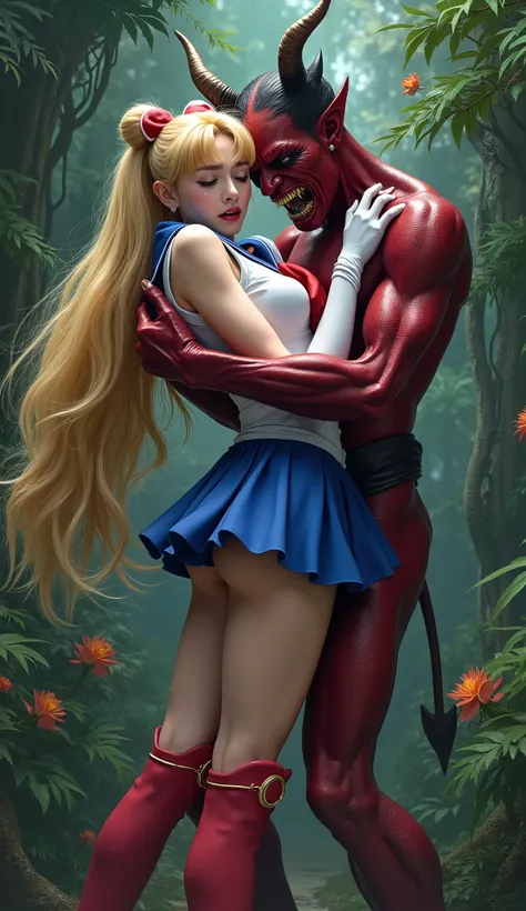 Hyperrealism, masterpiece, highest quality, A young Japanese woman is hugged from front by a devil, she push his chest out, ((she is crying and screaming in pain)), tears from her eyes, painful face, she is wearing a Sailor Moon costume, Blue sailor collar...