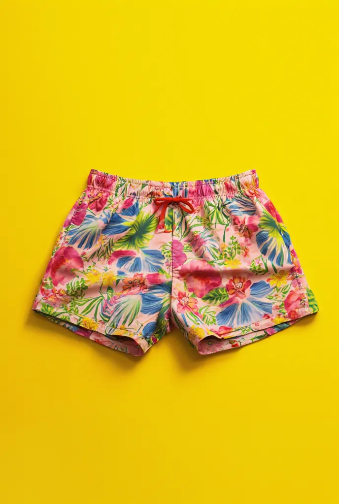 good design colorful flower swim shorts, yellow background, Not so much detail from AI, But realistic