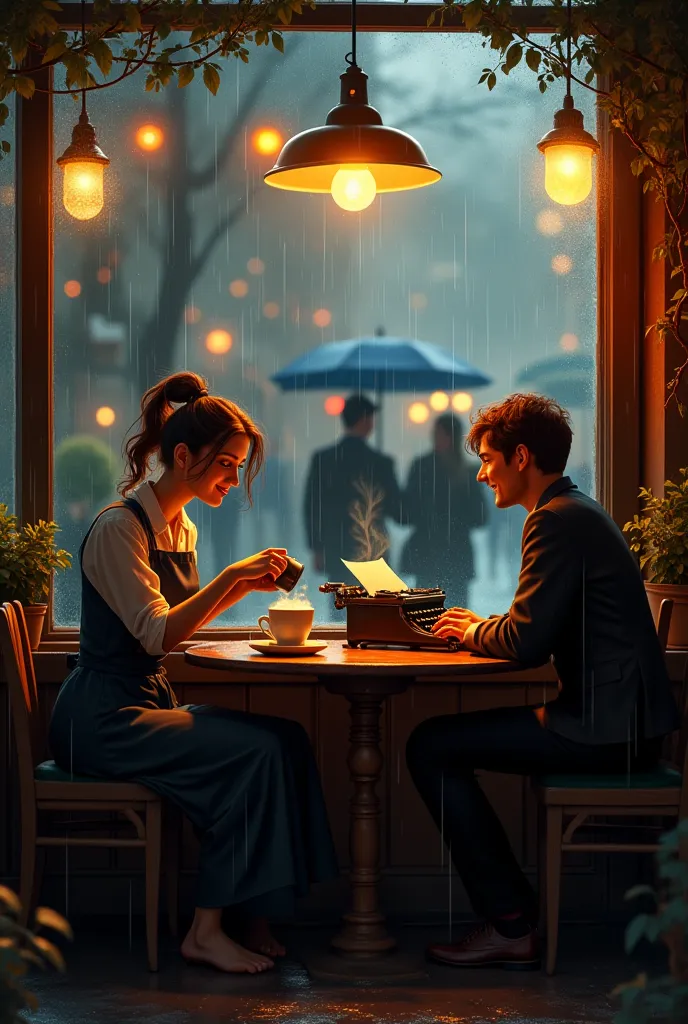 A cozy, dimly lit café on a rainy evening, with large windows showing raindrops trickling down the glass. Inside, the warm glow of hanging lights creates a welcoming atmosphere. A barista carefully pours a heart-shaped design into a steaming cup of cappucc...