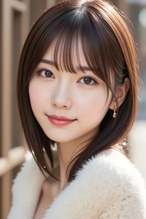 The face is positioned exactly in the center of the image , , the entire head is fully reflected , Face clearly visible、Fur Coat, Puree soup outside the dance hall、long hair、bungs, smile, young and cute japanese face , Official Art, high image quality duri...