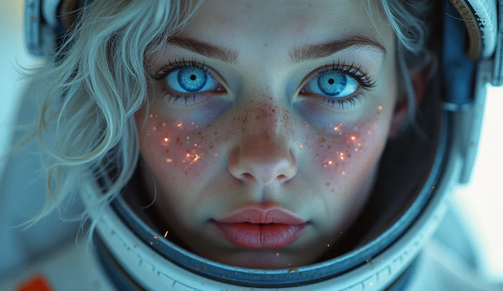 (Close-up of a better masterpiece:1.5)0.9], (Space and astronauts:1.2) (Messy silver hair:1.1) (Heterochromia xanthochromia and blue eyes:1.2) (Space Helmet:1.0) (Colored stars in the eyes:1.0) (A radiant glow:1.1) (thick lips:0.9)