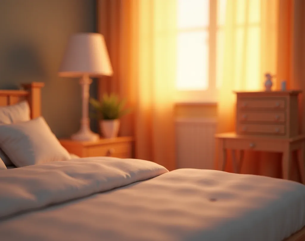 A close-up of a bedroom,shot from the bed to the dressing table beside it,featuring depth of field,miniature scene,warm lighting,and cute C4D style. The background is the dressing table,and the foreground is the side of the bed. The atmosphere of the entir...