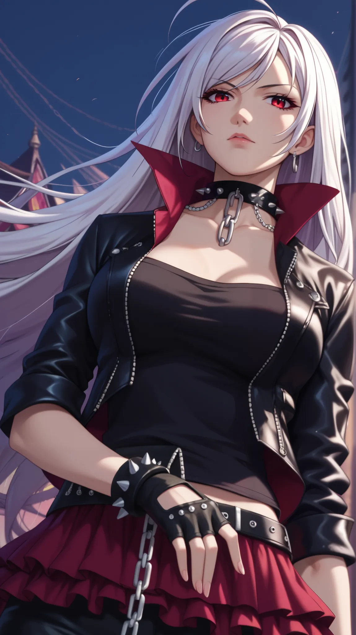 vampire moka akashiya, long hair, red eyes, ahoge, white hair, large breasts, The main piece is a black leather jacket or vest, heavily embellished with metallic studs, chains, and dark lace, Underneath, a dark, lacy blouse or a band t-shirt can be worn, p...