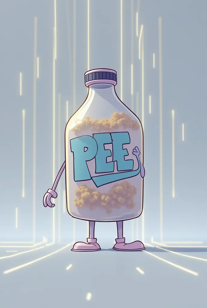 A cartoonish, anthropomorphic jug labeled 'PEE' in bold blue letters, filled with sparkling golden-yellow liquid . in matrix background