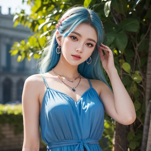  top quality , skilled,  Hair Detail ,  high resolution, (((itch))) , necklace,  hair accessories, ( beautiful faces),  blue dress,  Watch Viewers ,  Blue Hair,  is standing, （Above the waist），Medusa