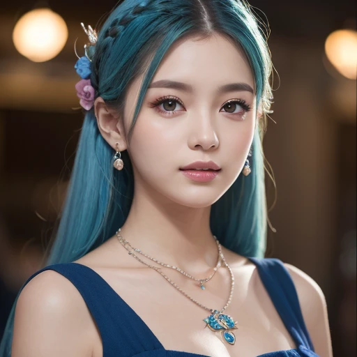  top quality , skilled,  Hair Detail ,  high resolution, (((itch))) , necklace,  hair accessories, ( beautiful faces),  blue dress,  Watch Viewers ,  Blue Hair,  is standing, （Above the waist），Medusa