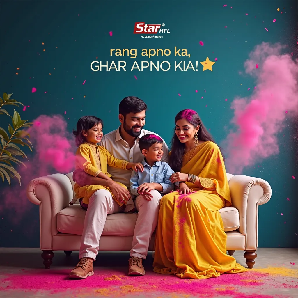 Here’s a detailed **AI image generation prompt** you can use to create a stunning **Holi-themed Star Housing Finance post** with a **deep blue background**:

---

### **Prompt for AI Image Generation:**  
*"A happy Indian family celebrating Holi in their o...