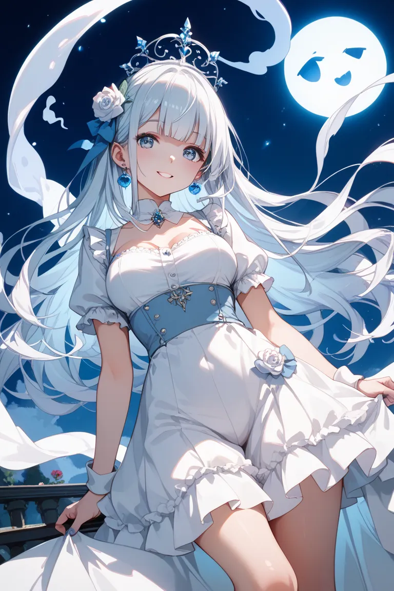 cute ghost beautiful girl（For middle and high school students, the ）（Clothes and skin are white）、Clothes are dresses、her hair is neither long nor short、the girl is grown up。The background is night。Beautiful Ghost Girl Has No Legs、Floating。Please be realist...