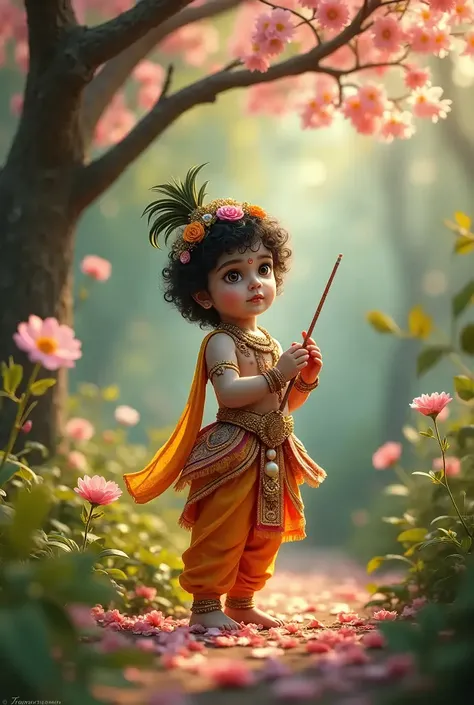 Create a cute  chubby indian  god named subramanya with peacock and a spear kind of weapon in hand, walking in a beautiful forest with colourful flowers and waterfalls pathway with grace and cuteness