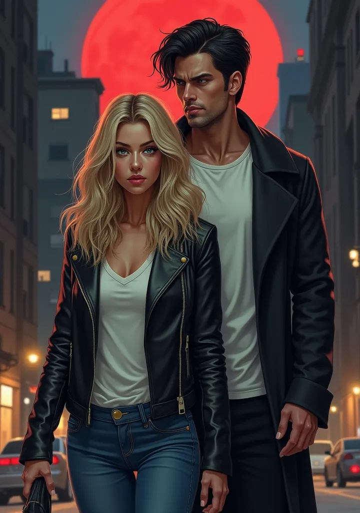 Caucasian woman in her 20s, blonde, straight and loose hair, One meter sixty tall, with jeans and leather jacket. She has green eyes and generous lips. Behind her back a Caucasian man, 30 YEARS, wavy black hair, mercury-colored eyes,  attractive, muscular,...