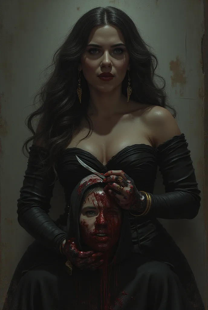 Realistic, A Very beautiful woman, woman very thick hair, boy hoodie, woman kill boy, woman very big breast, woman slaughters boy neck like a lamb, boy neck is flowing with blood, woman knife, boy dead, boy full face mask, woman black widow suit, boy hoodi...