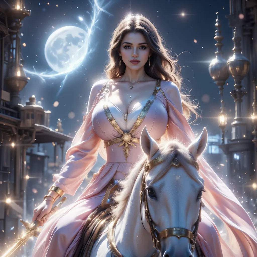 The image combines surrealism and fantasy, with dramatic lighting, highlights, reflections, and bright particles, while the cool background and warm-toned characters create a divine and cinematic effect. A beautiful princess with long, wavy brown hair, wea...