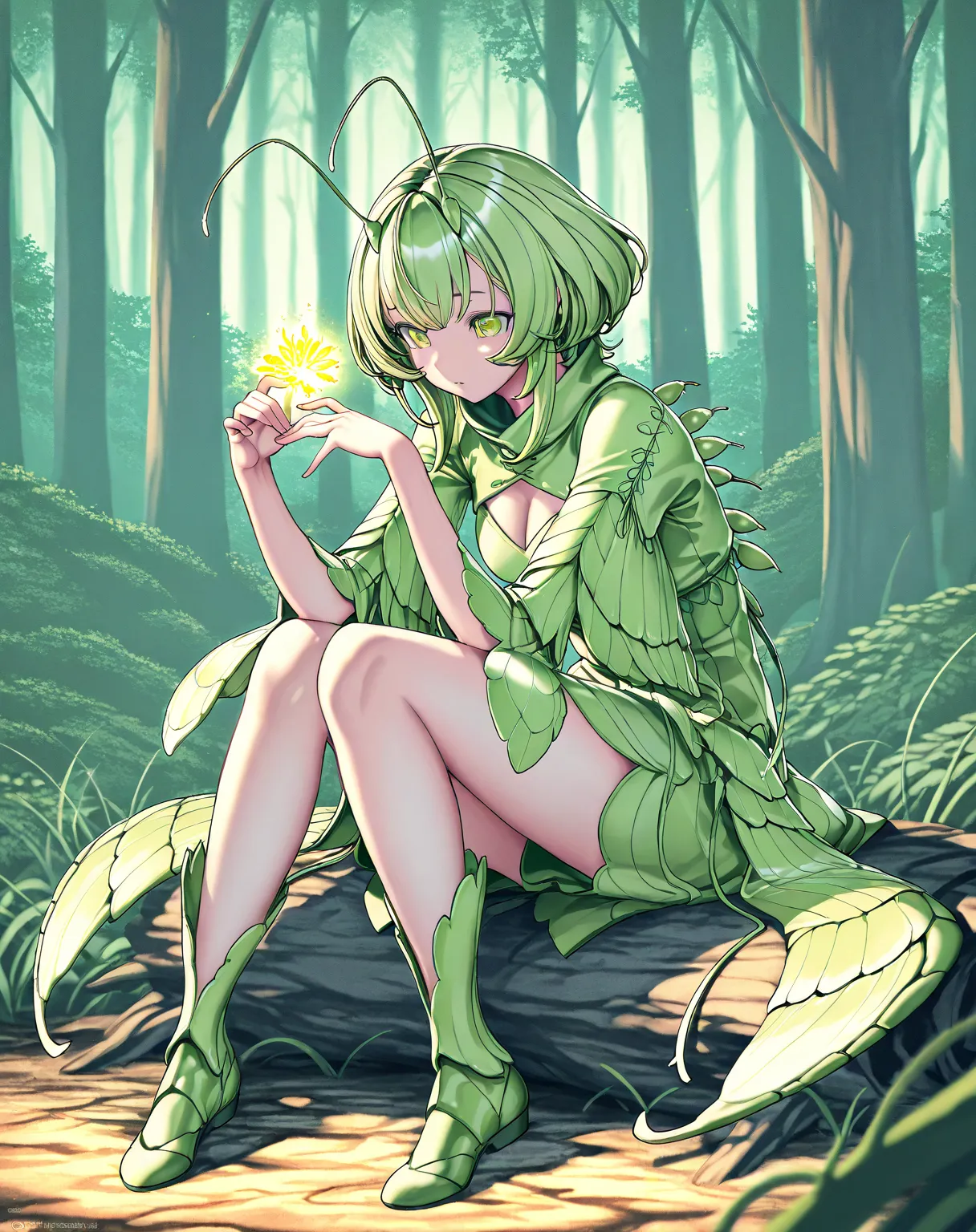  tratrix mantis in detail,short,Mantis Sleeve,Alone, 1 girl,full body,sitting,Forest Background,masterpiece,Alone,Beautifully detailed eyes,fine grained,detailed face, Brilliant Color,5 fingers,fine graineded,Super Detail, detail hand ,8k,fine graineded be...