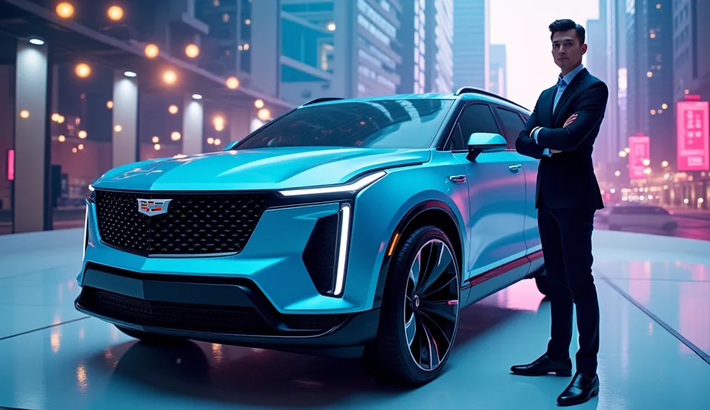 "A futuristic luxury SUV inspired by the 2025 Cadillac Escalade V, painted in a sleek light blue color. The vehicle is showcased from a dynamic front angle, highlighting its bold grille and premium design. A well-dressed, stylish man stands beside it, conf...