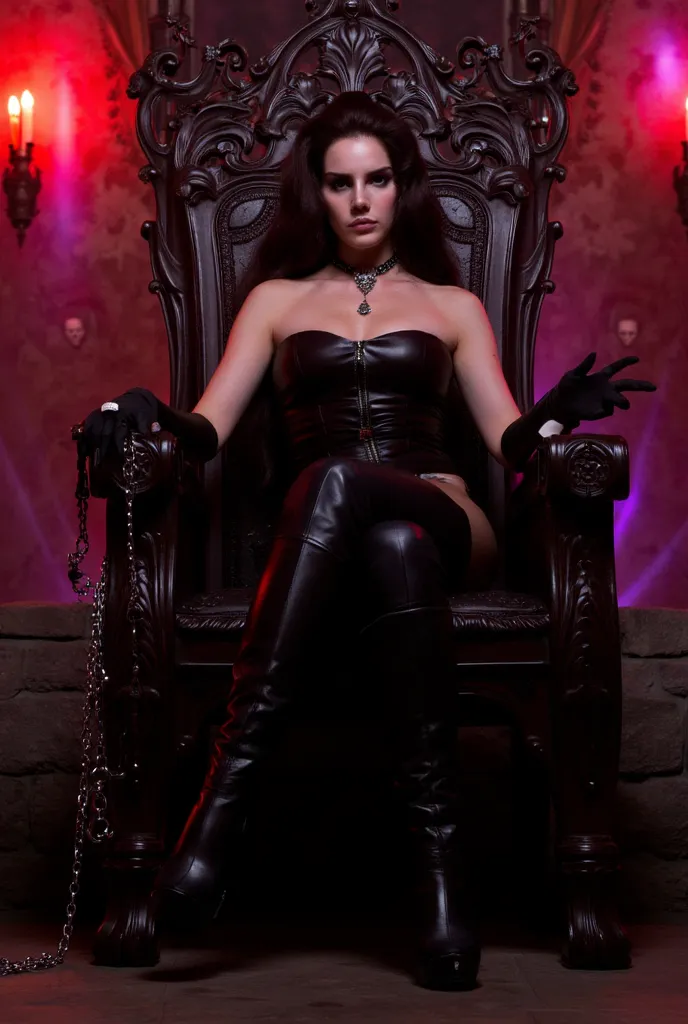 Realistic, high res, 4k, 8k, low-angle shot, floor-like perspective, young dominatrix, gothic throne, towering presence, leather catsuit, tight fit, leather thigh-high boots, dominant pose, sharp stiletto heels, pressing into stone floor, one boot slightly...