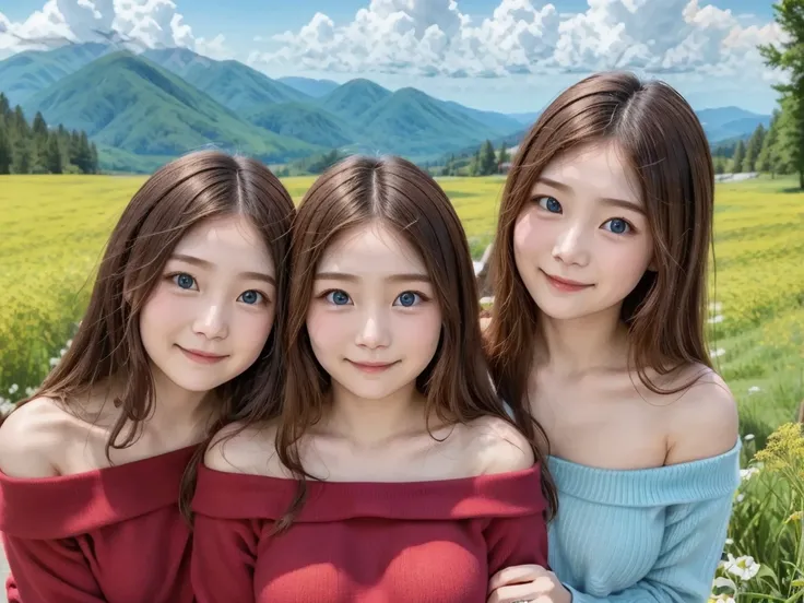 (3 girls), youthful faceอินโดนีเซีย,  ,ผิวขาวsmileแย้ม  , Round chest,   blue eyes  ,((  wearing a red sweater with shoulders touching the chest))  excellent performance ,   Measurement  , 8k, Beautiful young woman, youthful face、 photography, cute look, T...