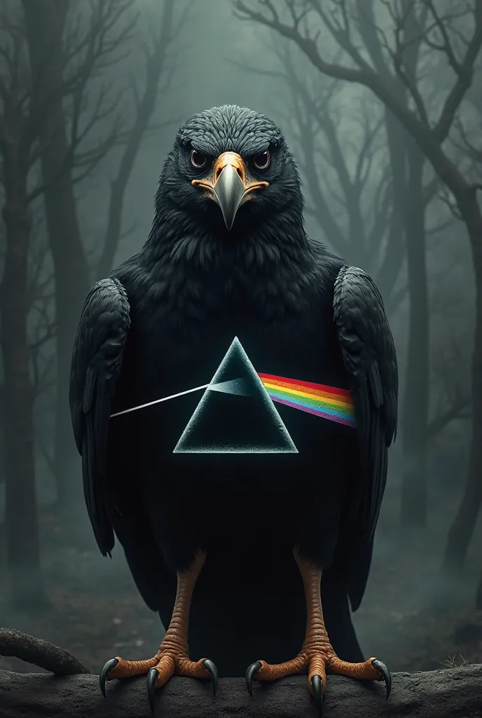 Make me an image with the following characteristics:
A serious intimidating bird
The dark background of the image
The bird that wears an image of the band Pink Floyd