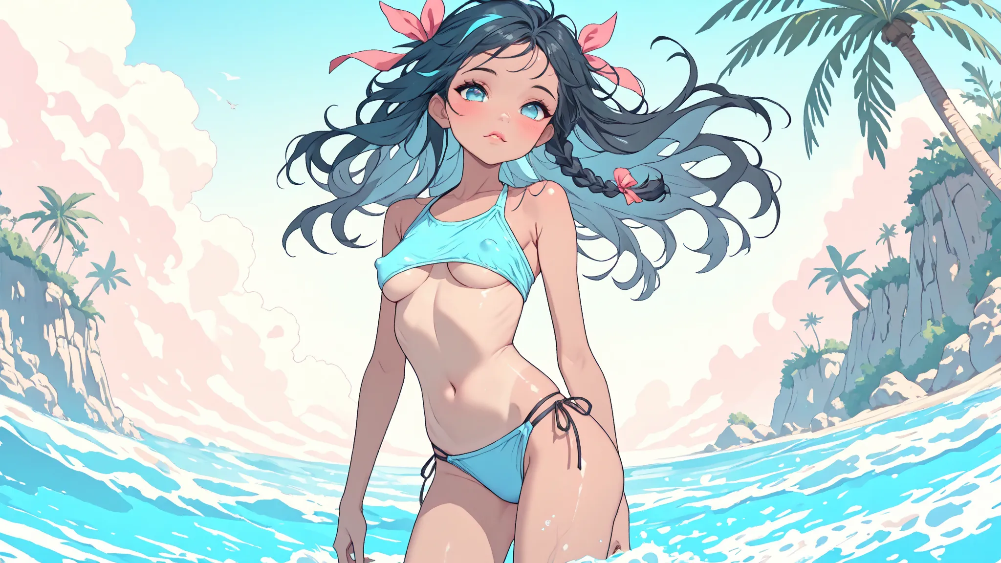 ((1girl, solo)), standing in the water at the beach, (()), ((dark tan girl), (tan skin), cute girl, (()), ((skinny)), ((petite)), (long hair), (side braid), ((black hair with STREAKS OF BLUE in her hair)), pastel colors, perfect ass, ((tight bikini top)), ...