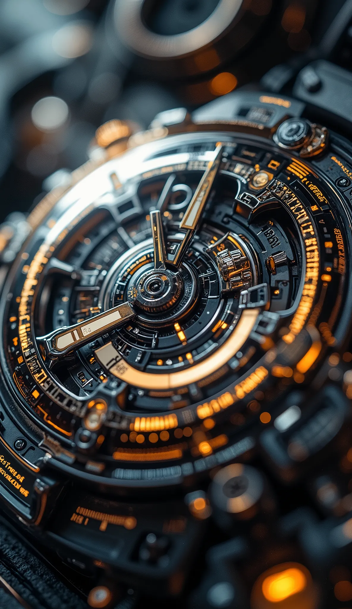 "A macro shot of a black and gold luxury watch face, dramatic lighting, deep shadows, ultra-detailed metallic textures, high-end aesthetic, cinematic shot, no branding, 8K resolution."