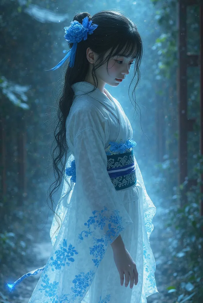 Crieate image of a little Japanese ghost girl, wearing a white kimono with bright blue details.