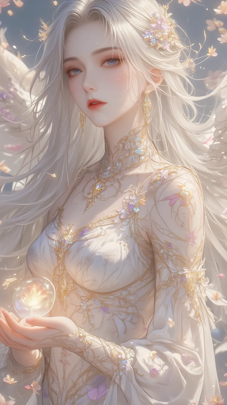 Describe Elysia, the Goddess of Serenity and Radiant Dawn. She is a divine figure with flowing silver hair that shimmers like moonlight on water, and eyes that glow with the soft golden hue of the first sunrise. Her presence calms storms and heals weary so...