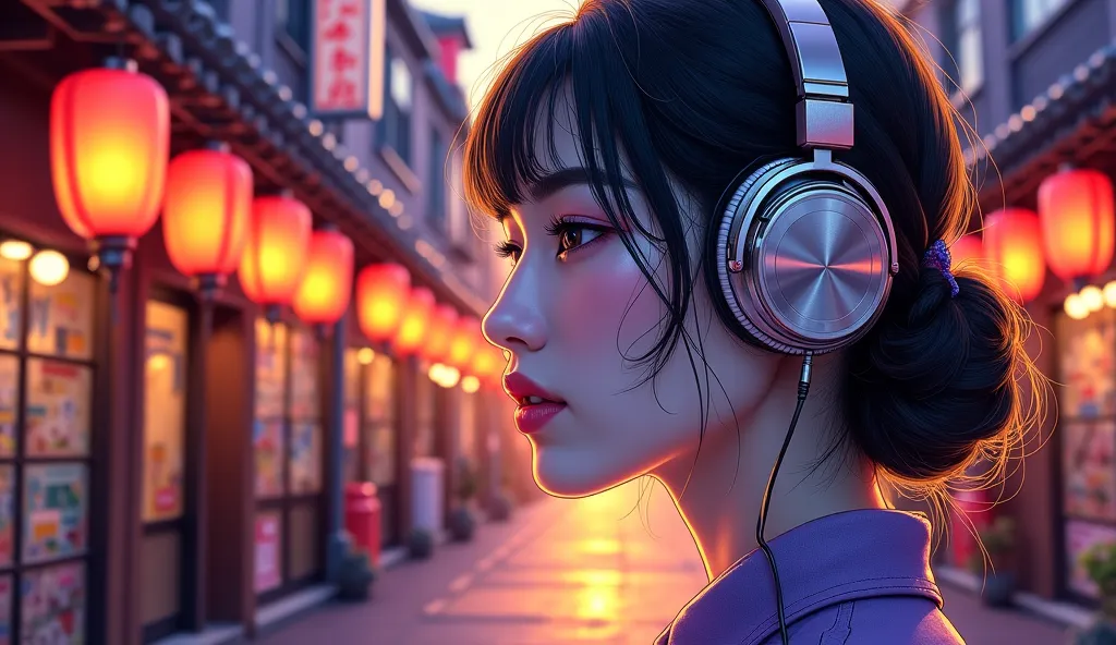 "Close-up portrait of a beautiful Japanese woman with headphones against a backdrop of a nostalgic Showa-era yokocho alleyway. The artwork uses warm golden evening tones contrasting with deep royal purples. The composition emphasizes a close-up profile of ...