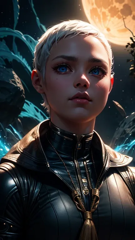 The alien girl Niya from the movie "Through thorns to the Stars", the girl has very short snow-white hair, she has big beautiful and expressive blue eyes, she has plump lips, she stands in a pale blue tight jumper, the girl has a slimmer young physique, sh...