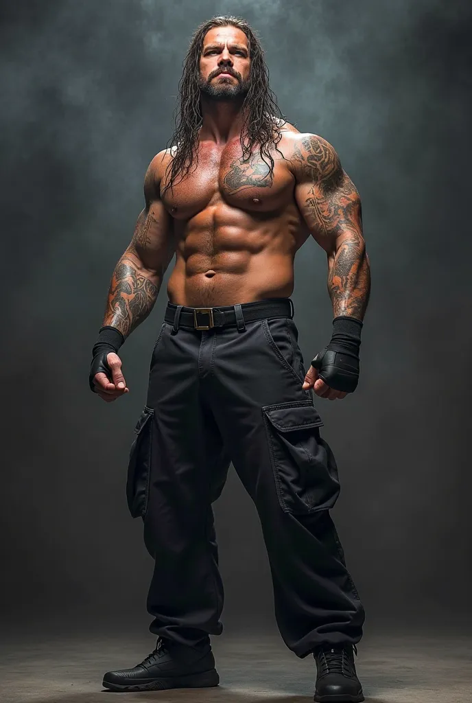 Create my own wwe Superstar. He is more powerfull and strong man. Make him little slim. He wears black cargo at bottom. He wears fingers gloves, also have tatoos on body. HE has long hairs