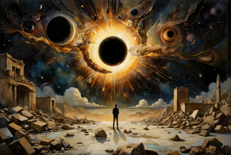 A hauntingly beautiful comic book illustration by Greg Rutkowski. A cosmic canvas showcases a supermassive black hole's grasp on the fabric of spacetime, as if the very threads of existence are unraveling. A nearby planet, once serene, is now being rent as...