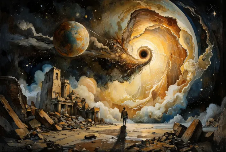 A hauntingly beautiful comic book illustration by Greg Rutkowski. A cosmic canvas showcases a supermassive black hole's grasp on the fabric of spacetime, as if the very threads of existence are unraveling. A nearby planet, once serene, is now being rent as...