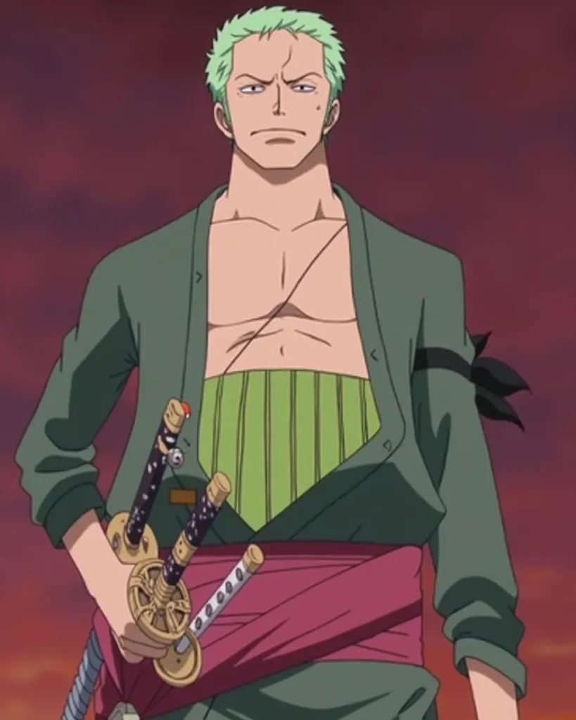 A highly detailed, anime-style portrait of Roronoa Zoro from One Piece, facing directly forward with an intense and serious expression. His iconic green hair, three gold earrings on his left ear, and a distinct scar running across his closed left eye are c...