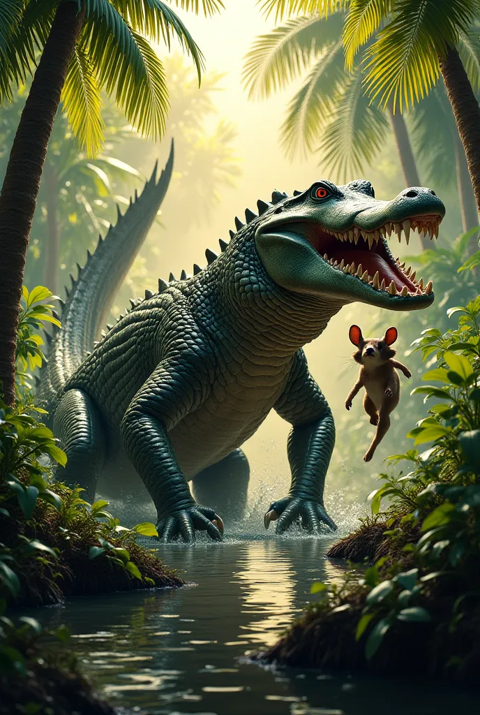 Here is the image of a crocodile in the jungle holding a rabbit in its jaws. Let me know if you need any modifications!