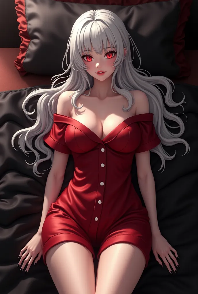 Salon-grade, 8K full-body shot, above shot perspective, masterpiece quality, rated 9/10 and exceeding 8 and 7 ratings, artistic creation in a 2.5D realistic anime style. Featuring a vampiric woman with long white hair, bright red irises, curvy proportions,...